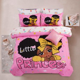 A Nice Night Black Girl Little Princess Comforter Set, Pink 6Pcs Bed in A Bag Twin Size Sparkling Stars Bedding Set,for Kids, Girls