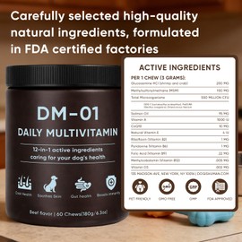 DM-01 Daily Multivitamin, Multivitamin Itch Relief Chews for Dog, with Folic Acid, Salmon Oil, Chondroitin & Natural Vitamins, Skin and Coat Healthy, Digestive & Boost Immunity, 60 Chew (Beef)