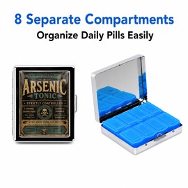Metal Pill Organizer with Mirror, 8 Compartments Travel Pill Case for Vitamins Supplements Tablets Purse Bag (Antique Typography)