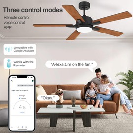 52" Smart Ceiling Fans with Lights Remote,Quiet DC Motor,Indoor outdoor Modern Ceiling Fans with Dimmable LED Light,6-Speed,Control with WIFI Alexa APP, Black & Dark Wood for Living Room,Patio,Porch