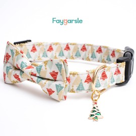 Cotton Christmas Dogs Collar with Bow Tie Beige Gold Dog Collars for Girl Female Boy Male Small Medium Large Dogs Christmas Trees Charms S