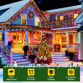 108FT 1216 LED Christmas Lights Outdoor Decorations with 228 Drops Timer 8Mode Curtaing String Lights Waterproof Plug in Fairy Lights for Indoor,Xmas,Party,Patio,Window,Fence,Trees Decor(Multicolor)