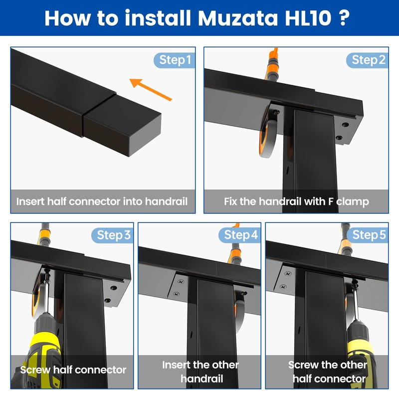 Muzata 6'6" Aluminum Black Cable Railing Handrail Rectangular Handrail for