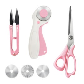 MANUFORE Left-Handed Sewing Tool Kit -8.5in Lefty Fabric Scissors, 4.5in Thread Trimmers, Rotary Cutter with 3 Replacement Blades - Pink Set for Quilters, Crafters, and DIY Projects