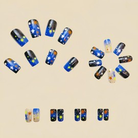 MIXFOSAHN Press on Nails Medium Sqaure Fake Nails Starlit Sky Blue False Nails with Artistic Embossed Designs Gold Stars Glossy Stick on Nails Glue on Nails Acrylic Nails for Women Girls 24 Pcs