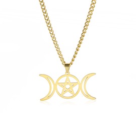 TEAMER Stainless Steel Triple Moon Goddess Amulet Wicca Pentagram Necklace for Women Men Pagan Jewelry (Gold-Type A)