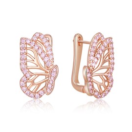 Flyonce Butterfly Earrings for Women Concert Outfit, Hypoallergenic Cute Tiny Birthstone CZ Pink Butterfly Huggie Hoop Earring Jewelry Gifts Rose Gold Earrings