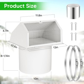 10 Inch Hooded Wall Vent with Screen and Damper, Galvanized Steel Wall Exhaust Vent Cover with Duct Clamps and Aluminum Foil Tape for Kitchen Range Hood and Dryer, Bathroom Exhaust, Basement, White