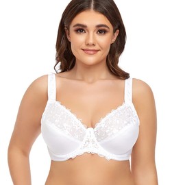 Ayigedu Women's Underwired Bra Lace Unlined Large Size Minimiser Bra Full Coverage, White