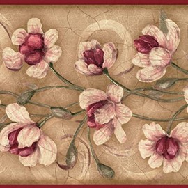 Concord Wallcoverings Wallpaper Border Floral Pattern Flowers Leaves Swirls for Cottage Bedroom Living Room, Beige Pink Green, 15 ft by 7 in KM7774B