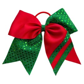 "Handmade" NEW "CONFETTI STRIPES Red Green" Cheer Bow Christmas Hair Bows Cheerleading