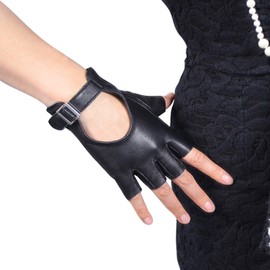 DooWay Women's Short Fingerless Leather Gloves Genuine Sheepskin Leather Thin Half Finger Motorcycle Driving Gloves Black