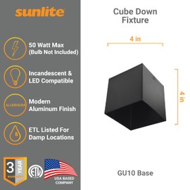 Sunlite 90159 4 Inch Modern Cube Ceiling Spotlight, Matte Black Finish, Aluminum Shade, Minimalist Design Downlight, 50 Watts Max, GU10 LED Bulb (Not Included), 120V, Living Room & Entryways