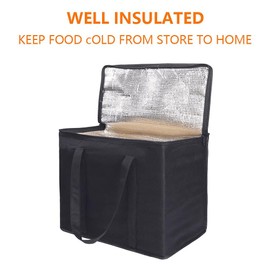 Insulated Reusable Grocery Shopping Bags,Large Food Delivery Cooler Bag,Shopping Tote with Zippered Top for Hot&Cold Food Transport,Stands Upright,Collapsible for Shopping Camping BBQ(Black-Set of 1)