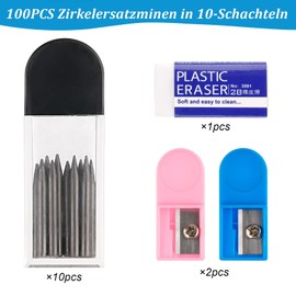 WINKIO Zirkelersatzminen, 100 Stück 2B Zirkelminen mit Radiergummim, 2 mm Durchmesser Zirkel Ersatzminen 2cm Lang Minen für Zirkelspitzer Mathematische Zeichnungserstellung Holzbearbeitungsmarker