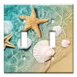 Art Plates - 2 Gang Toggle Metal Light Switch Plate Cover - Two Gang Toggle Decorative Wall Plate - Sea Shells and Star Fish in Ocean Beach Tide Pool - (Made in USA)