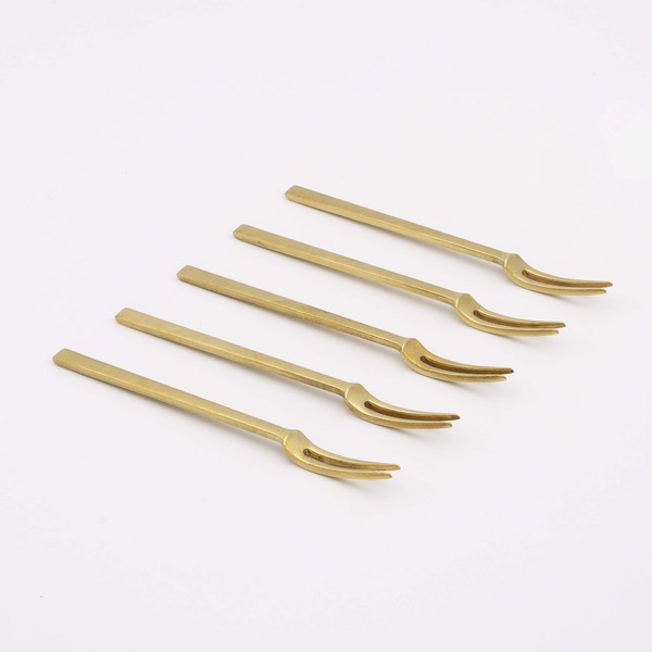 Azmaya Solid Brass Petit Small Miniature Cocktail Forks Set of 5 - Handcrafted