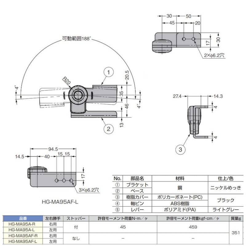 Sugatsune Industry (170043818) HG-MA95A-R Stopper Hinge HGMA95AR