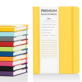 A5 Notebook Ruled Lined Journal with Faux Leather Hardback Cover and Premium 120gsm Thick Paper (128 Cream Pages, Yellow)