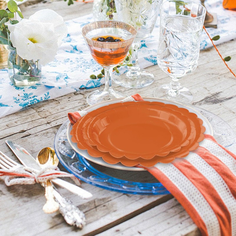 FALIZIFU 50 Pcs Orange Scalloped Paper Plates 25 × 7''