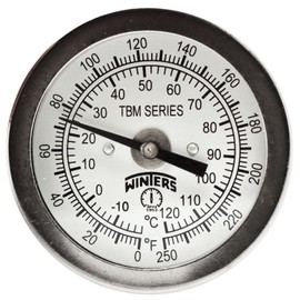 Winters TBM Series Stainless Steel 304 Dual Scale Bi-Metal Thermometer, 4" Stem, 1/4" NPT Fixed Center Back Mount Connection, 2" Dial, 0-250 F/C Range