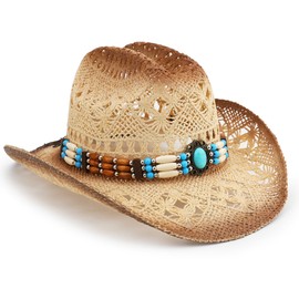 Melesh Straw Cowboy Hat, Western Cowgirl Hat, Wide Brim Sun Beach Hat for Men and Women (US, Alpha, One Size, Khaki-M29)