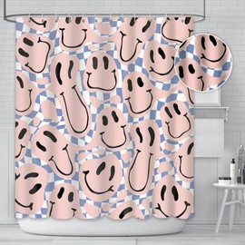 AIBIIN 180x180cm Retro 70s Pink Smiley Shower Curtain Hippie Teen Girls Cute Groovy Bathroom Decor Accessory Funky bath Curtains Decor Set with 12 Hooks