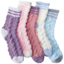 Fuzzy Slipper Socks for Womens Winter Warm Fluffy Cozy Comfy Thick Plush Cabin Sleep Soft Home Socks Christmas Gifts Stocking Stuffers for Women 5 Pairs(Light Colors)