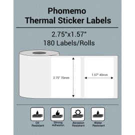 Phomemo Thermal Sticker Labels- 2.75"x1.57"(70x40mm) Thermal Label for M221/M220/M200, for Barcode/Address/Mailing/Logo/Business/Home Tag, Black on White