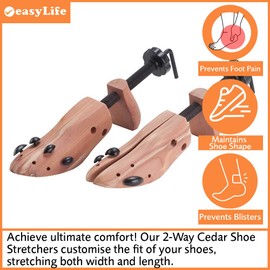 Easylife 2-Way Cedar Shoe Stretchers for Women (Size 3-8). Shoe Expanders for Women - Stretches Width & Length, Bunion Shoe Stretchers, Ladies Shoe Stretchers - Includes Shoehorn, Bag & Cedar Balls