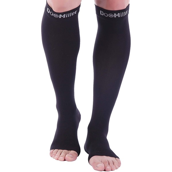 Doc Miller Open Toe Socks – 1 Pair Compression Socks Women & Men 20-30mmHg Support Stockings Travel DVT Shin Splints Varicose Veins Legging Medical Grade Nurses (Black, Large Tall)