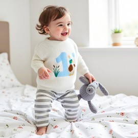 Baby Boy First Birthday Outfit Sweater Knitwear Mallard Duck Knitted One Year Old Clothes Fall Winter Pullover Top (White, 6-12 Months)