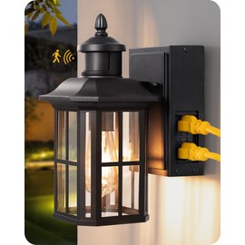 EDISHINE Outdoor Wall Light Fixture with GFCI Outlet, Motion Sensor Porch Light for House, Dusk to Dawn Exterior Wall Mount Sconce, Waterproof Outside Lamp Lantern for Patio Garage, Black