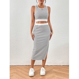 GORGLITTER Women's Skirt Sets 2 Piece Outfits Striped Skirt and Top Set Summer Beach Vacation Outfits, Black and White, Medium