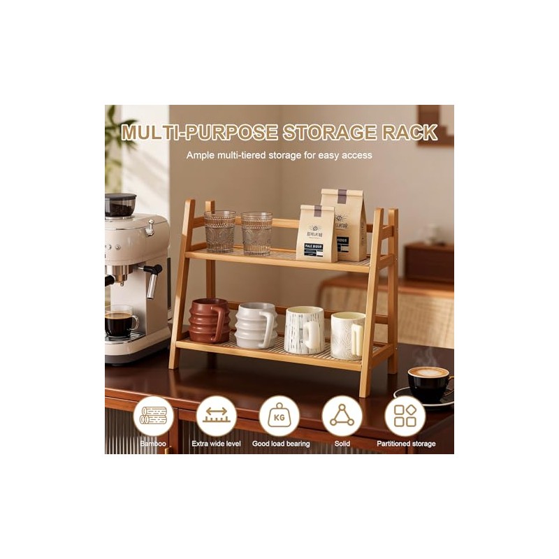Cup Rack 2-Tier Bamboo with Rattan Look, Space-Saving Cup Holder,