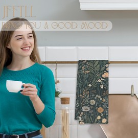 JFFTLL Vintage Moody Floral Kitchen Towels, Dark Green Fern Herb Botanical Decorative Dish Tea Towels for Kitchen, Rustic Dark Cottagecore Plant Hand Towel for Bathroom Decor, 16x24 Inch