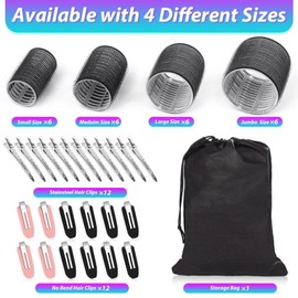 shynek Hair Curlers Set with 24 Rollers (6 Jumbo, 6 Large, 6 Medium, 6 Small) and 24 Clips for All Hair Lengths (Black)