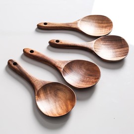 Rice Paddle Spoon Natural Wood Non-stick Rice Scooper with Round Shallow Head Food Service Spoon Kitchen Utensils for Rice Potato Salads Desserts