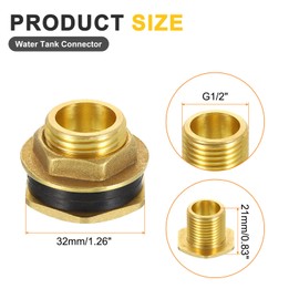 sourcing map Brass Bulkhead Fitting with Washer, G1/2" Male Brass Water Tank Connector, Brass Threaded Hose Adapter with 2 Rubber Rings for Various Pipes, Faucets, Hoses, Fittings