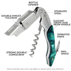 WineOp Professional Wine Opener - Luxury Double Hinged Waiter's Corkscrew Wine Bottle Key - Cork screwer for Servers, Bartenders, Sommelier and Home Use | All-In-One Stainless Steel - Green Resin