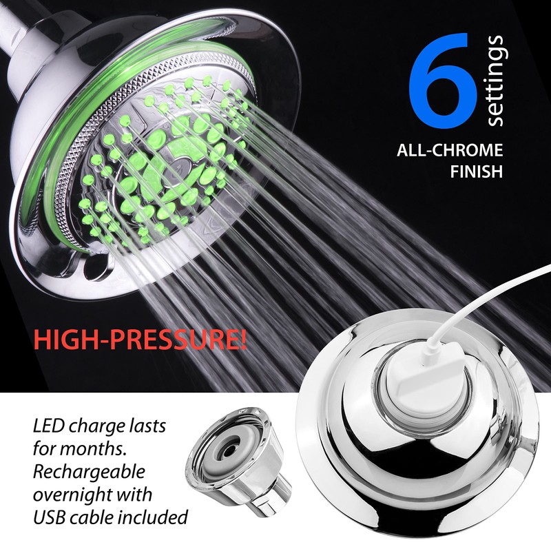 Hotel Spa 6-setting 5" Rechargable LED Shower Head with Light