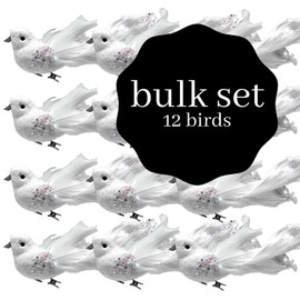 BANBERRY DESIGNS White Feather Doves with Clips - Set of 12 Long Tail Craft Birds - Ornaments - Decorations - Crafting -Each is 6" Long