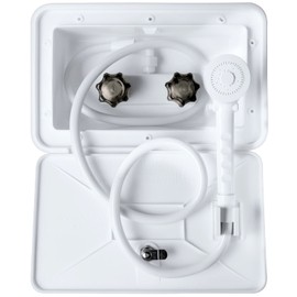 EXCELFU RV Outdoor Shower RV Exterior Shower Box Kit with Outside Faucet Valve Hose Replacement for Camper, Van, Travel Trailer, Motorhome and Boat, White