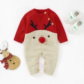 Verve Jelly Newborn Baby Girls Boys Christmas Outfit Long Sleeve Knitted Romper Jumpsuit Reindeer Print Bodysuit Onesie Pyjamas Christmas Clothing, red