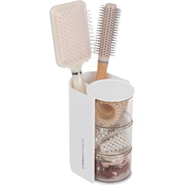 FABROK Organizador de accesorios para el cabello transparente de 3 capas con soporte para cepillos de pelo, caja de joyería pequeña giratoria para aretes de clip y collares, organizador de escritorio