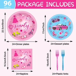 Justforjoyful 96 PCS Pink Girls Party Supplies Blue Pink Princess Plates and Napkins Tableware Set Disposable Dinner Dessert Dinnerware for Birthday Party Baby Bridal Shower Decorations Serve 24
