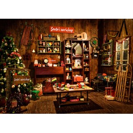 Christmas Santa's Workshop Photography Backdrop Vintage Rustic Wood House Cottage Gift Xmas Tree Decoration Background Kids Indoor Portrait Photo Studio Photobooth Props 7X5FT CEM251B