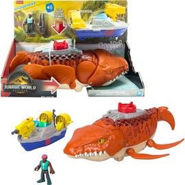 Fisher-Price Imaginext Jurassic World Rebirth Aquachomp Chase Mosasaurus 18-inch Dinosaur Toy with 3-inch Action Figure, Launcher Boat & 2 Projectiles