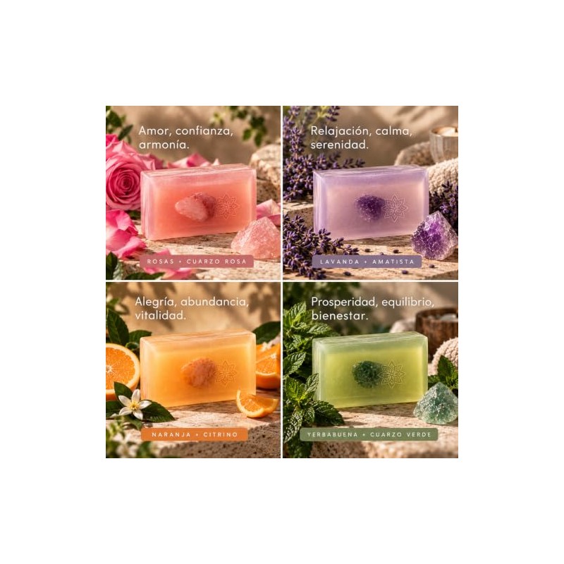 Set de 4 Jabones Holisticos con cuarzo Bienestar Cuerpo Mente