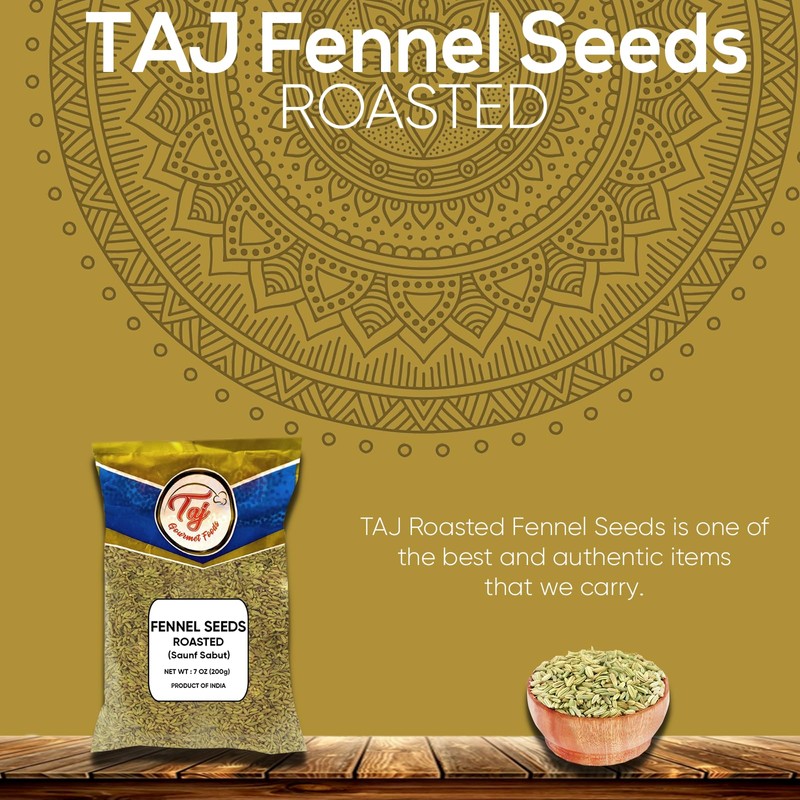 TAJ Roasted Fennel Seeds, Roasted Saunf, 7oz (200g)